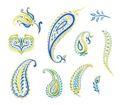 Set of patterns in oriental paisley style: flowers, leaves, curls, decorative patterns for design, watercolor painting on isolated white background.