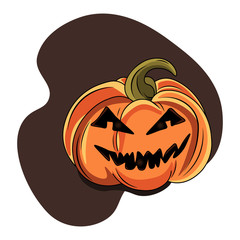 Happy scary face Halloween pumpkin isolated on white background. Vector cartoon Illustration. Autumn holiday. Halloween pumpkin with cut out faces funny and spooky. Trick or treat event decoration.