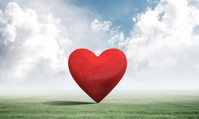 Big red heart on green field