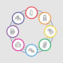 8 colorful stroke icons set included peas, drink, onion, bun, biscuit, steak, salt, persimmon