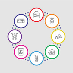 8 colorful stroke icons set included steak, fish, jam, milk, pie, wine bottle, turnip, take away