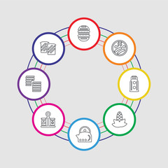 8 colorful stroke icons set included toast, biscuit, scales, kettle, corncob, salt shaker, sausage, burger