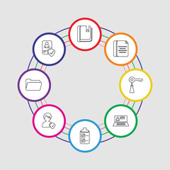 8 colorful stroke icons set included account, folder, person, list, laptop, key, document, book