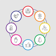 8 colorful stroke icons set included cooperation, detective, right to objection, right to objection, notification, auction, decision making, alert