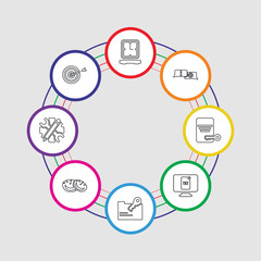 8 colorful stroke icons set included target, rectification, cookie, encryption, text file, rights, information, clock