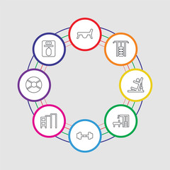 8 colorful stroke icons set included punching ball, weight plates, gym bars, dumbbell, gym station, gym station, station, jumping equipment