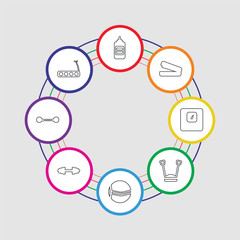 8 colorful stroke icons set included treadmill, dumbbell, dumbbell, ball, balance, weight scale, step, bottle