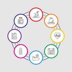 8 colorful stroke icons set included proteins, body, punching bag, muscle, calendar, heart, apple, stationary bike
