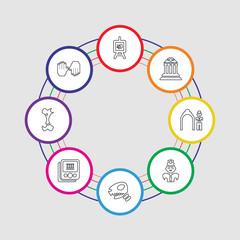8 colorful stroke icons set included gloves, bone, picture, dinosaur, policeman, arc, museum, poster
