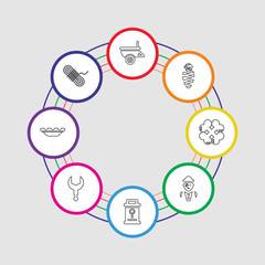 8 colorful stroke icons set included rope, dish, tool, report, archeologist, bones, mummy, wheelbarrow