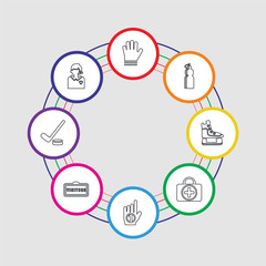 8 colorful stroke icons set included commerce, hockey stick, visitors, bowman, first aid kit, ice skate, drink, gloves