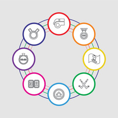 8 colorful stroke icons set included medal, stopwatch, scoreboard, home, hockey stick, medal, whistle, horn