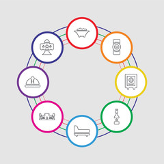 8 colorful stroke icons set included restaurant, hotel, beach hotel, bed, champagne, safe, doorknob, bathtub