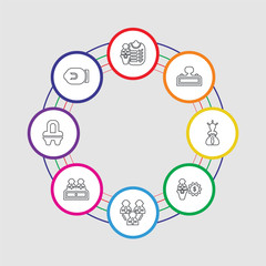 8 colorful stroke icons set included briefcase, position, interview, teamwork, salary, idea, desk, skills