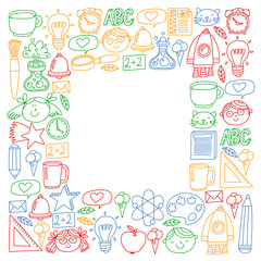 Vector pattern with school icons with little students. Children study chemistry, creativity, mathematics, physics, algebra, geometry, biology, geography, astronomy.