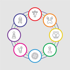 8 colorful stroke icons set included keys, pyramidal toy, pin, ball, bell rattle, bib, rattle, rattle