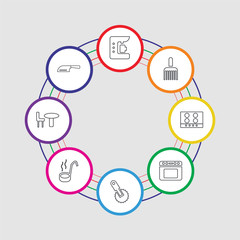 8 colorful stroke icons set included cleaver, table, ladle, pizza cutter, oven, stove, brush, coffee maker