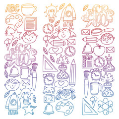 Vector pattern with school icons with little students. Children study chemistry, creativity, mathematics, physics, algebra, geometry, biology, geography, astronomy.