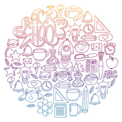 Vector pattern with school icons with little students. Children study chemistry, creativity, mathematics, physics, algebra, geometry, biology, geography, astronomy.