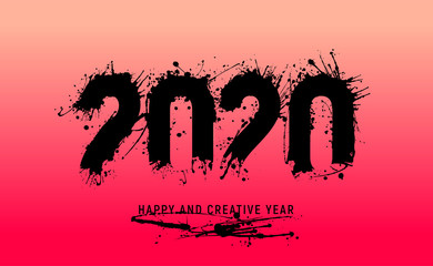 Number 2020 illustrated with ink stains. 2020 artistic, drawn with brush strokes and splashes of ink and paint.