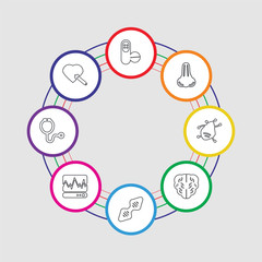 8 colorful stroke icons set included heart, stethoscope, cardiogram, dna, brain, virus, nose, antibiotic