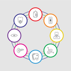 8 colorful stroke icons set included pancreas, caries, wheelchair, implants, band, eye drops, gum, microbe