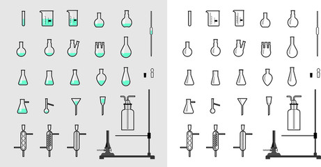 Set of chemical glassware icons. Flat line art illustration