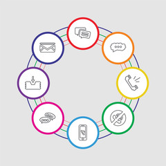 8 colorful stroke icons set included mail, inbox, chat, phone call, end call, phone call, chat, chat