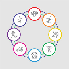 8 colorful stroke icons set included sprint, football, bicycle, winners, weightlifting, wrestling, ski, torch