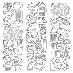 Vector pattern with school icons with little students. Children study chemistry, creativity, mathematics, physics, algebra, geometry, biology, geography, astronomy.