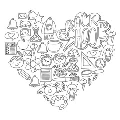 Vector pattern with school icons with little students. Children study chemistry, creativity, mathematics, physics, algebra, geometry, biology, geography, astronomy.