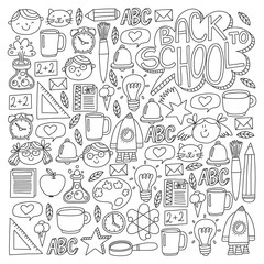 Vector pattern with school icons with little students. Children study chemistry, creativity, mathematics, physics, algebra, geometry, biology, geography, astronomy.