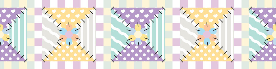Vector seamless border pattern. Cute patchwork, quilt design. Colored funny patches with different ornament, stitched with threads and ribbons. Abstract texture, textile background, flap decoration