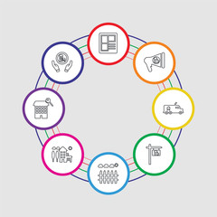 8 colorful stroke icons set included house, house, house, fence, real estate, moving truck, advertising, print