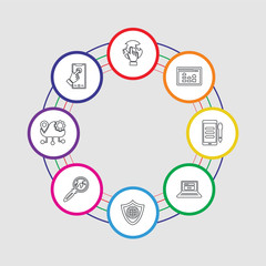 8 colorful stroke icons set included link, cloud computing, viral marketing, online shop, coding, de, analytics, pay per click