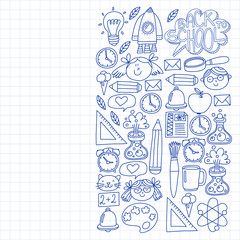 Vector pattern with back to school icons for posters, banners, covers. Kids, children education.