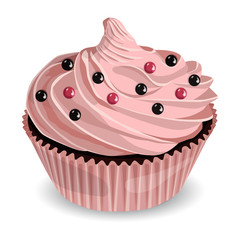 Cupcake. Delicious pink cake. Sweet treat for tea and coffee. Vector illustration for design and web.