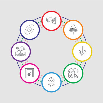 8 colorful stroke icons set included disc golf, terrace, solstice, bikini, flip flops, anchor, watermelon, snorkel