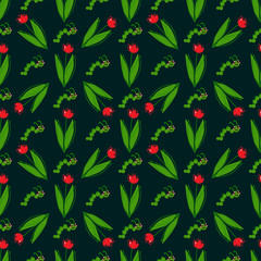 Vector cartoon background. Seamless pattern with flowers and insects, tulips and caterpillars. Children’s book style. Perfect for kids room wallpaper, cotton, textile. Cute ornament, texture
