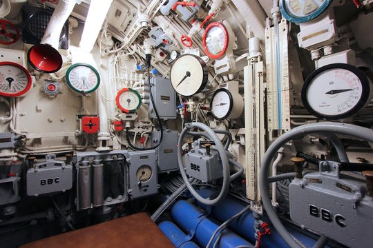 LABOE, GERMANY - AUGUST 30, 2014: Interior of German submarine U-995 (museum ship) in Laboe. It is the only surviving Type VII submarine in the world. It was launched in 1943.