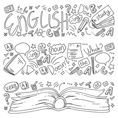 Language school for adult and kids. Pattern with icons about english learning.
