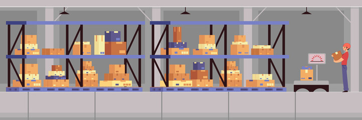 Cartoon warehouse interior banner - horizontal panorama view © sabelskaya