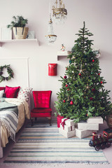 Cozy New Year's interior festive mood. Vintage design room