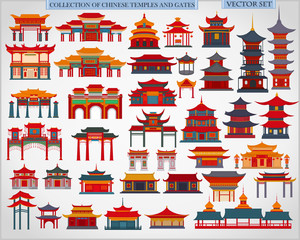 Set of Chinese temples, gates and traditional buildings on a light gray background