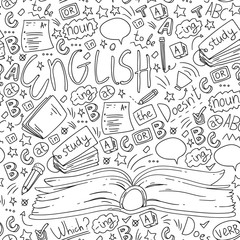 Language school for adult and kids. Seamless pattern with icons about english learning.