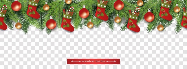 Seamless Christmas tree branch top border with gift stockings and baubles