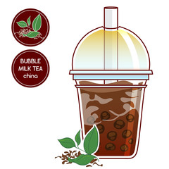 Vector elements for food and drinks design. Plastic cup with China boba tea, tapioca bubbles in milk tea. Fresh and dry tea leaves. Realistic flat style. Also sticker and label for package