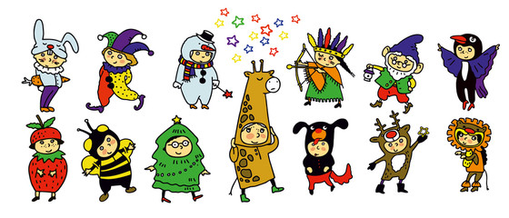 Children in Christmas costumes. Cheerful children celebrate Christmas and winter holidays. Cartoon New Year's party costume . Vector
