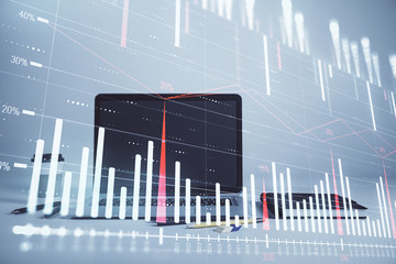 Forex graph hologram with desktop office computer background. Double exposure. Concept of financial analysis.