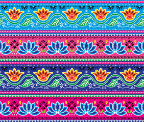 Pakistani or Indian truck art vector seamless pattern, floral cheerful design, Diwali repetitive decorations  